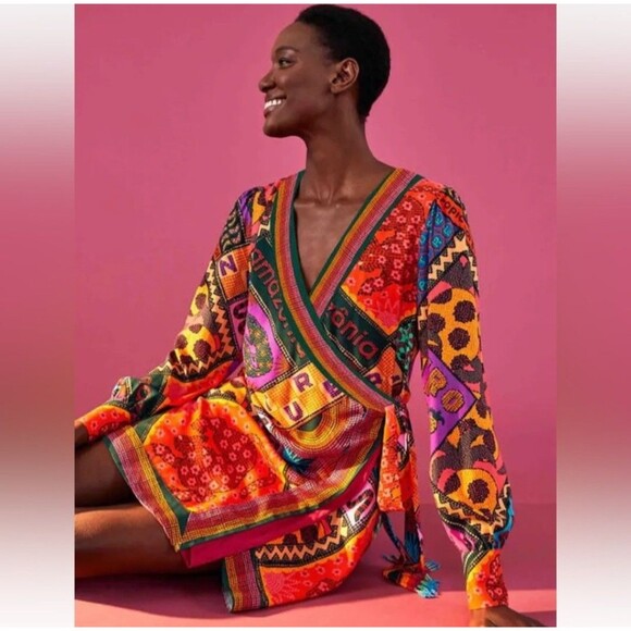 Farm Rio Dotted Patch Scarf Mini Dress S Small Wrap Tassel Tie Mixed Print $225 - Picture 2 of 13